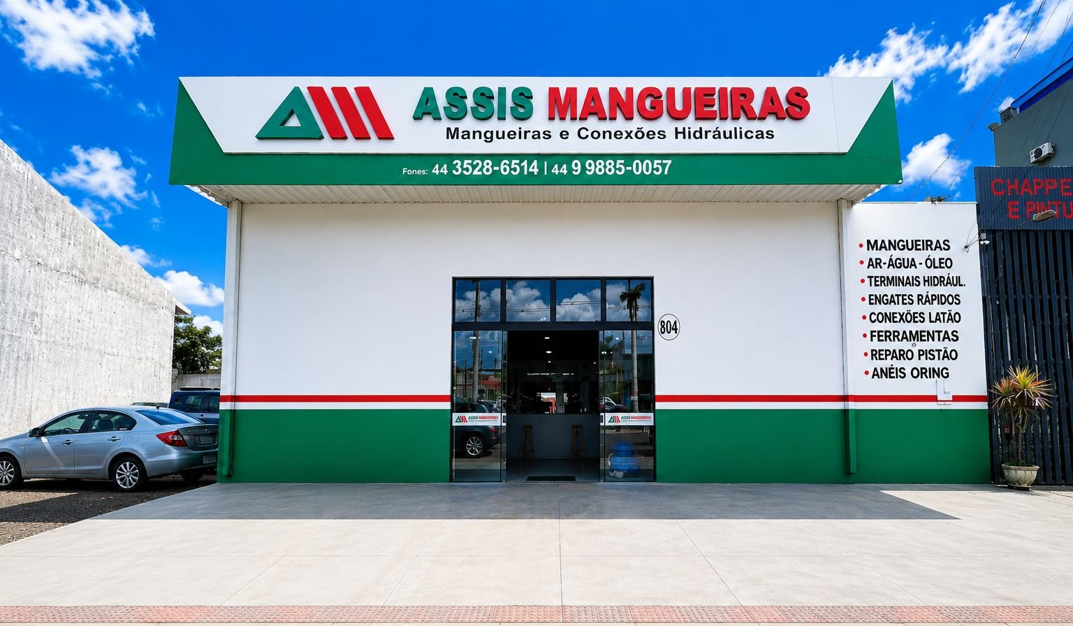 Fachada da loja Assis Mangueiras, na Av. Brasil, 804, em Assis Chateaubriand