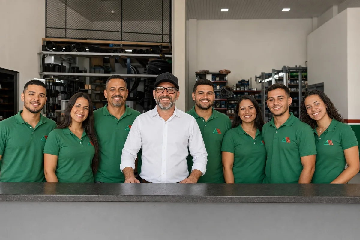 Equipe de atendimento técnico da Assis Mangueiras uniformizada, atrás do balcão de atendimento